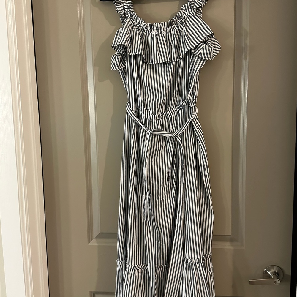 Michael Kors Black and White Striped Midi Dress